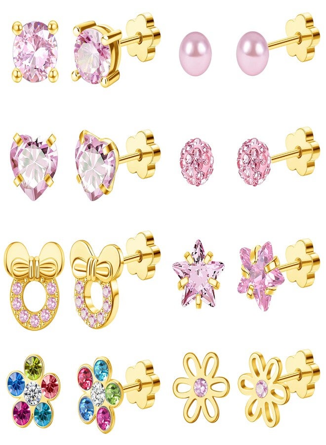 Staligue 8 Pairs Hypoallergenic Screw Back Earrings - 20G Surgical Steel Flat Back Studs with Heart, CZ & Pearl Designs for Women (Gold-Pink CZ) - Image 1